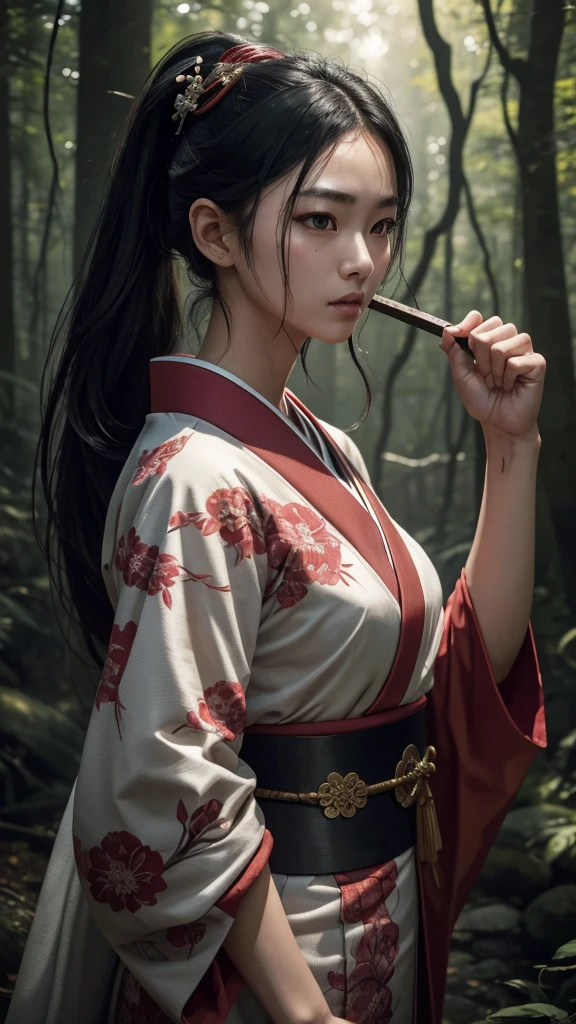 8K,Horror-like "In the Forest",(masterpiece、highest quality:1.3)、Action scene of a high school girl wearing a Japanese kimono and holding a Japanese sword,超A high resolution,18-year-old,beautiful girl action scene、Super beautiful(like the real thing),black hair ponytail、(1 girl)、((lips))、(nose)、((long face))、watering、stylish、sharp gaze,rugged appearance,look at the audience、soft makeup、textured、dynamic posture、wide shot、 dramatic lighting:1.1、(perfect gradation)、coldness,particles of light、(Depth of the bounds written)、(intricate details:1.2)、in the forest(highly detailed background)、,The charm of adult kimono,oiran(flashy kimono)facing there,sexly,glare,dark atmosphere,normal breast,in the forest,battle scene,action scene,action pose,I have some paper bills in my hand.,masterpiece,Highest quality photorealistic RAW photos。bright colors,rich colors, Backlight, cinematic lighting, film grain, to be born, 50MM lens, Nikon D850,super realistic skin,fantasy art,character art,ultra high resolution,realistic scale skin,Perfect hand shape,view audience,beautiful expression,Close-up,have several amulets in hand,dynamic pose,action pose,Martial Arts Posture,sharp look,narrow eyes,view audience,throw a fist,
