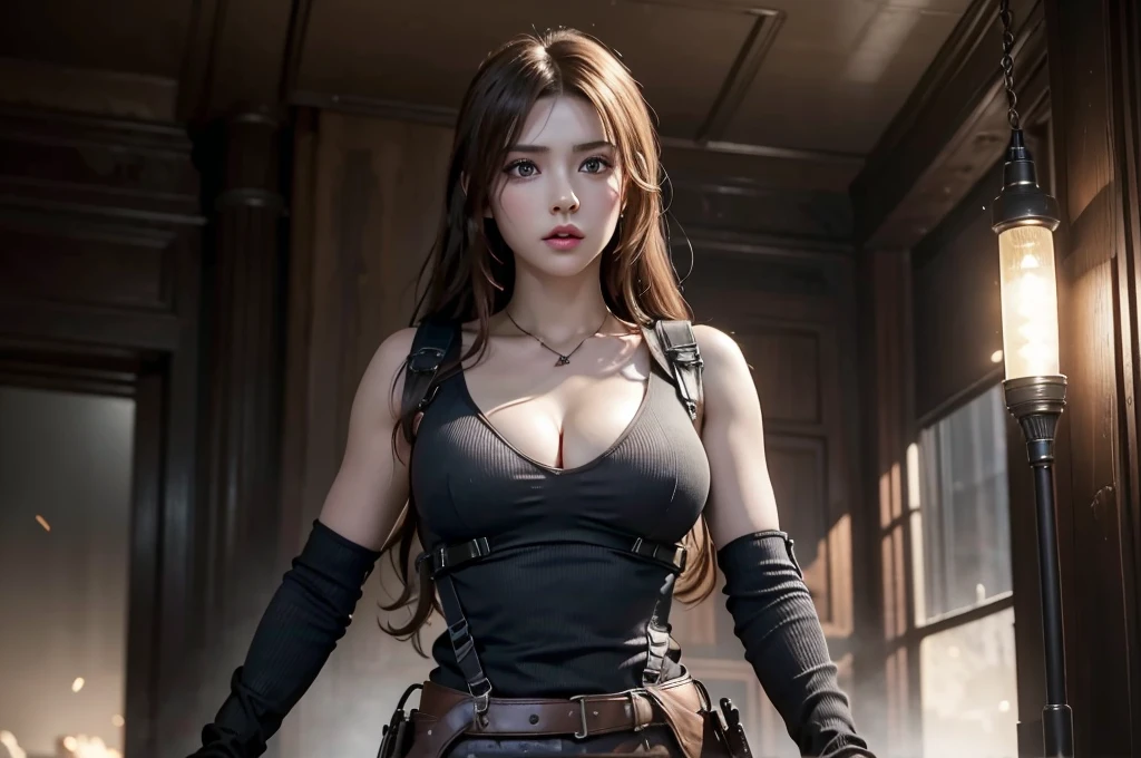 super fine illustration, ultra high resolution, masterpiece, highest quality, perfect lighting, detailed lighting, dramatic shadow, ray tracing, 1 Femail warrior, (((solo:1.5))), cute face, Big breasts, exposed cleavage, beautiful detailed hazel eyes, sharp face, clear eyes, long bang, ((medium curly hair:1.2)), blonde hair, ((post-apocalyptic fiction)), ((desert:1.2)), ((desert battle suit)), ((military harness)), world of the Mad Max, Resident Evil Series, full body, from below,