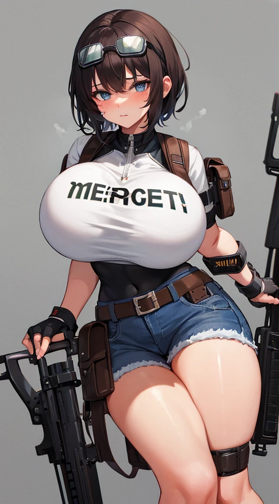 solo thick figure thick thighs size huge breast size huge hip blue eyes tan skin girl short dark brown messy hair wear fingerless gloves wear short crop top hoodie wear short crop jean ripped wear holster wear black stocking tight outfit holding a rifle on hands wear tactical backpack wear tactical goggle on head 