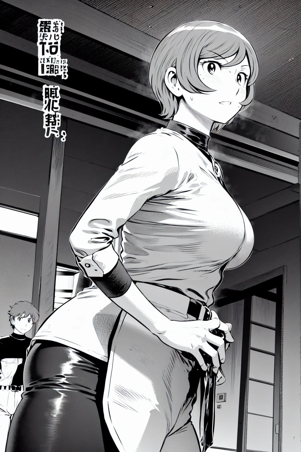 、(masterpiece、Highest quality)、Highest quality, Ultra-high resolution, (((masterpiece))), alone, Sweat、Big eyes,Tight black shirt、Tight white pants、belt、indoor、Composition from the front、(Cut the back hair short、short hair、blonde、woman)、Shortcuts、Embarrassed face、Cut your hair short、可愛いwomanの子、Big Breasts、Inside the room、Full Color、Baseball uniform