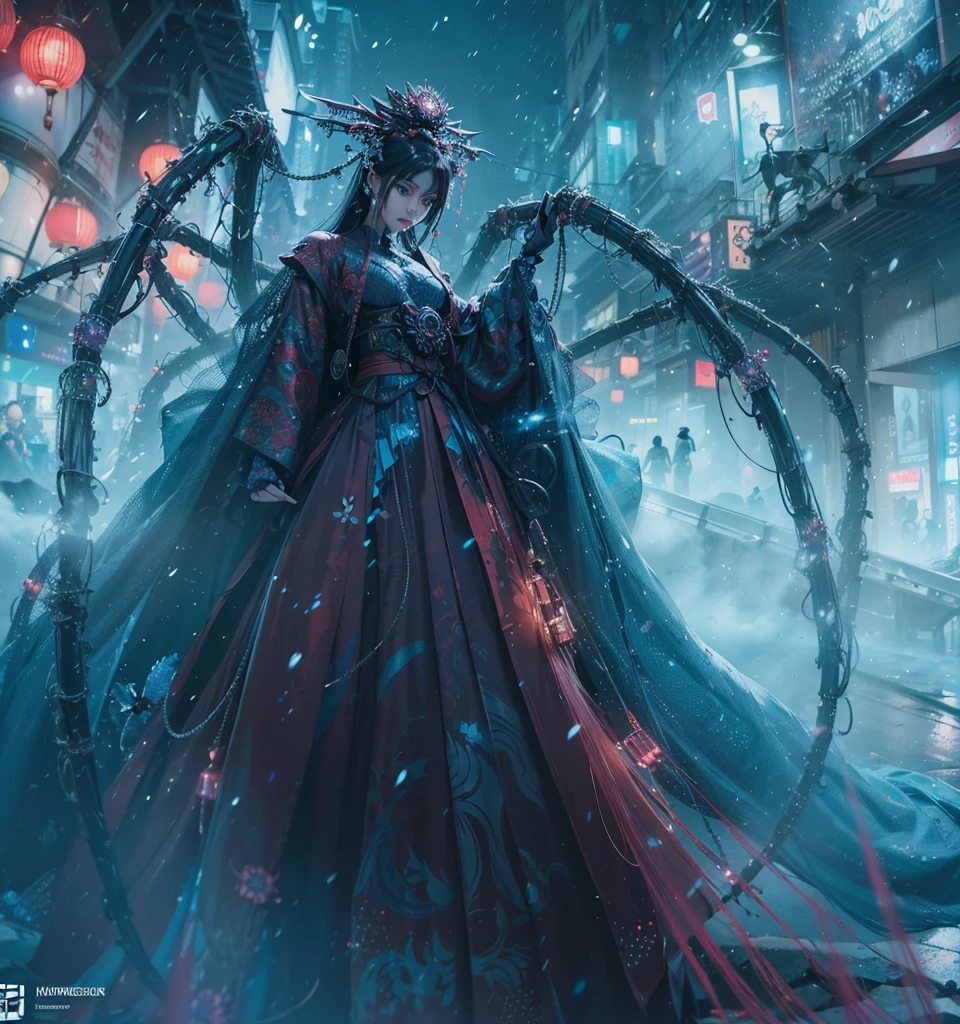 /imagine prompt: A stunning and powerful spider woman inspired by the character design of illustrator Kim Hyung-tae, set in a futuristic Neo Tokyo. She has beautiful long black hair and wears a traditional Japanese kimono that contrasts with her cyberpunk elements. Her upper body is elegant and human-like with a sexy, slender frame, while her lower body is a massive, grotesque spider, integrated with advanced mechanical parts and bio-tubes. The scene is set in a deep, misty underground waterway illuminated by eerie blue and purple fog, creating a mysterious and terrifying atmosphere. Her face and body feature intricate designs and decorations, emphasizing her regal and commanding presence. The angle highlights both her beauty and the formidable spider form, capturing the essence of her character. Ultra-high quality, hyper-realistic, and photo-like detail