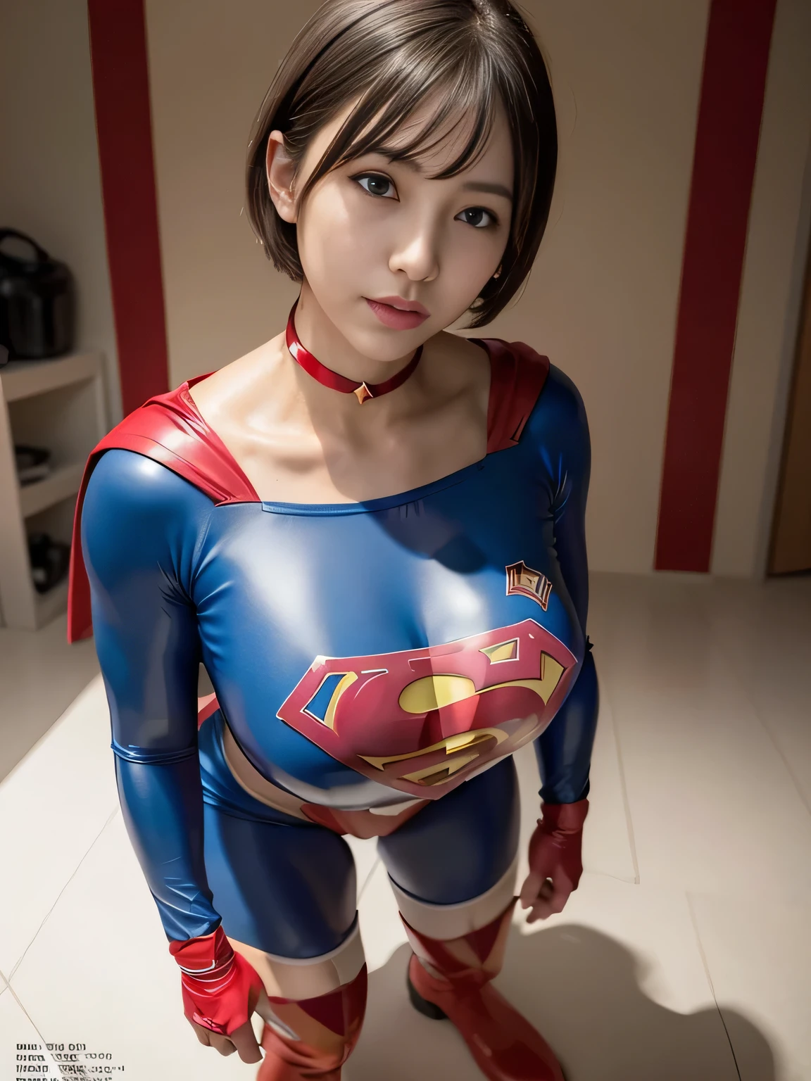 masterpiece、Rubber Supergirl Costume、short hair、Rubber Long Boots、Big and ample breasts、shiny sweaty skin、looking at the camera、choker、Long sleeve、Sexy poses to seduce、Off the shoulder、latex、From the front、athlete、Racing Bloomers、Red Cape、Muscle training、Beautiful breasts、Photo magazine cover、operating room、wallpaper for pc、