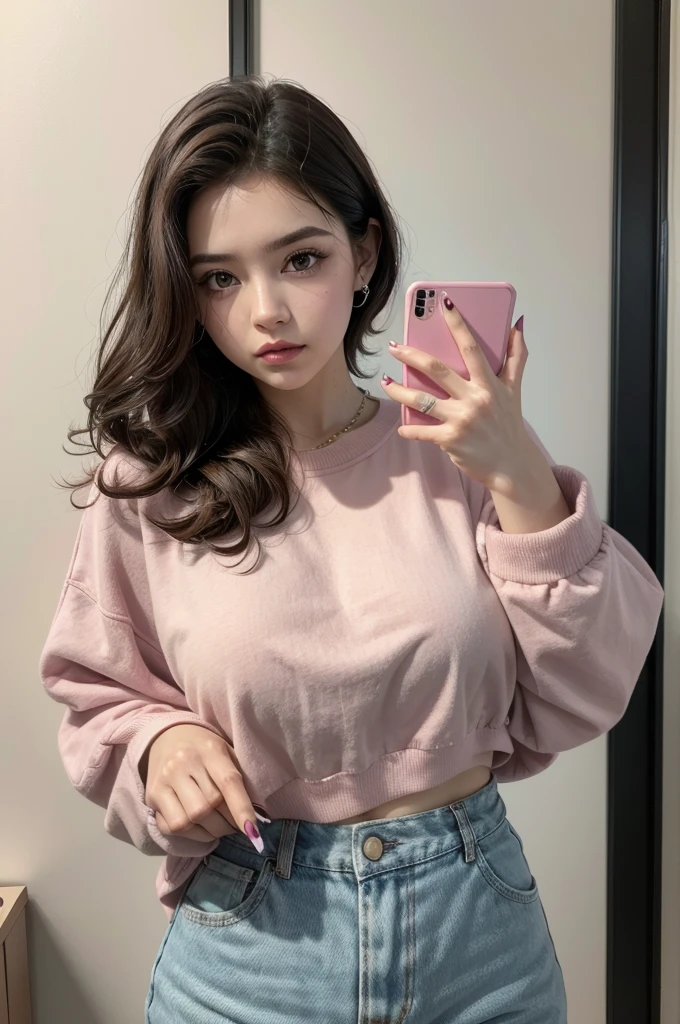 work of art, best qualityer, 1 girl, standing alone, artstyled_pabloromero_ownwaifu, www.ownwaifu.featuring, retro artstyled, 1980s \(styled\),painting-like \(average\), half tone_fund, nails aqua, curly hair, dark brown hair, unhas lilás featuring brilho, breastsout, cellphone, baby pink sweatshirt, aretes, jewerly, lipstick, make up, glaze, phone, pink nails, purple nails, red nails, retro artstyled, smartphone, standing alone, brown eyes INFO
