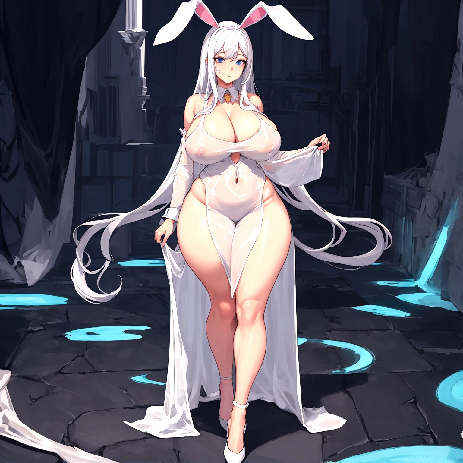 ((masterpiece)),(solo), ((best quality)), (ultra-detailed), (extremely detailed), {best illustration}, ((standing)), ((big breasts)), ((huge breasts)), (solo), standing, calm face, mature face, older woman, milf, solo, blue eyes, long white hair, silver white hair, older woman, bunny girl, bunny ears, bunny tail, massive breasts, voluptuous, white see-through spaghetti strap double slit dress, white see-through dress, no underwear, thick thighs, solo, librarian, massive pink areolas, full body, huge breasts, full body, huge ass, soft thighs, cleavage, aroused, beauty mark around mouth, giant breasts, large areola, soft breasts, 50 years old, exposed pink areola, facing viewer, looking at viewer, very deep cleavage, gigantic breasts, solo, areola peeking out,