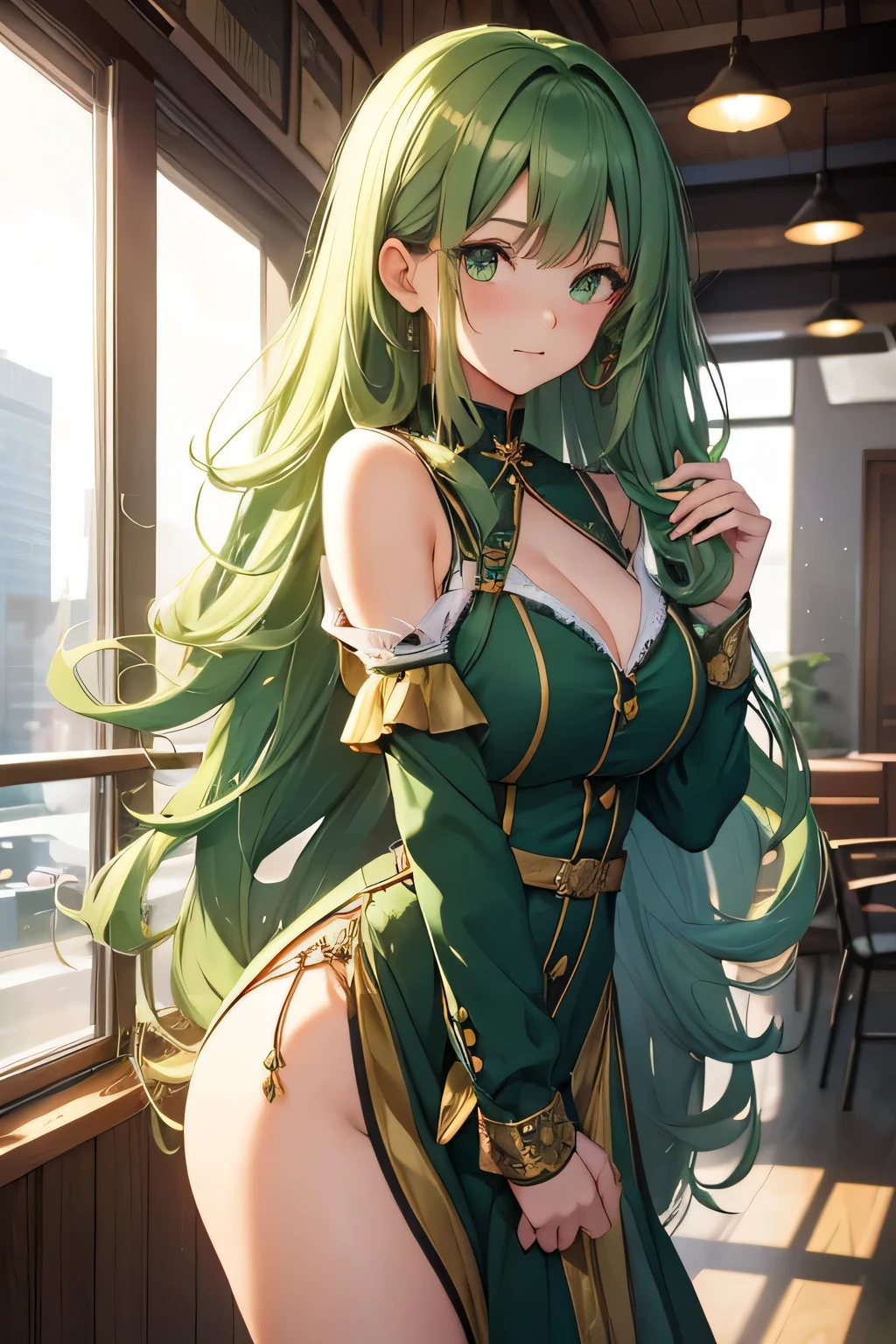 girl, 18 years old, long green hair, curly hair, green eyes, idol outfit