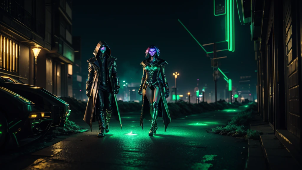 cyberpunk masquerade couple walking down a gold brick road, cyberpunk emerald city in the distance, high detail, long shot, wide shot, 4K, 3D, REALISTIC, (iridescent glow smoke), UHD, 32K, very bold neon colors, black light, neon light