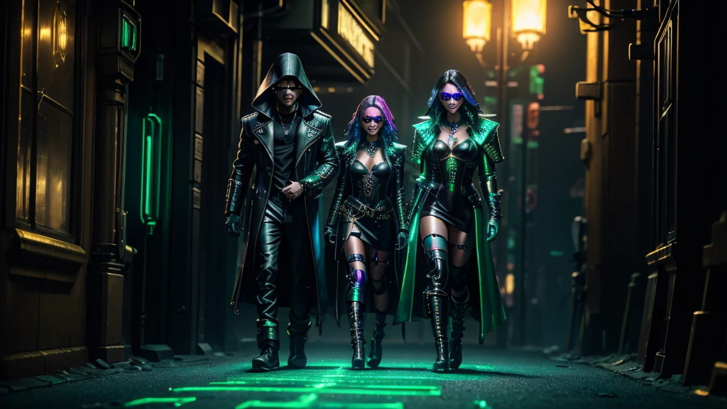 cyberpunk masquerade couple walking down a gold brick road, cyberpunk emerald city in the distance, high detail, long shot, wide shot, 4K, 3D, REALISTIC, (iridescent glow smoke), UHD, 32K, very bold neon colors, black light, neon light