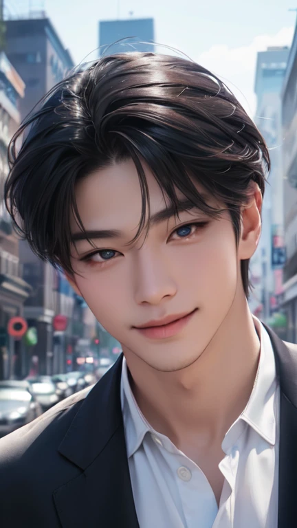 A charming korean man, beautiful detailed eyes, beautiful detailed lips, extremely detailed face and eyes, longeyeashes, smiling, playful, flirtatious expression, casual clothing, dynamic pose, urban city background, (best quality,4k,8k,highres,masterpiece:1.2),ultra-detailed,(realistic,photorealistic,photo-realistic:1.37),digital painting,vibrant colors,cinematic lighting