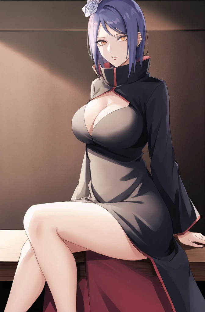 konan \(naruto\), solo, looking_at_viewer, 1girl, closed_mouth, akatsuki outfit, labret piercing, looking at the viewer, robe unbuttoned, cleavage, (((sitting on the table inside dark room))), night time, busty, large breasts