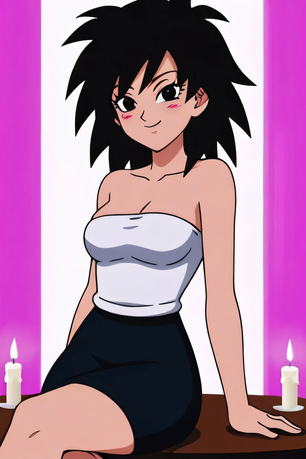 source_anime, score_9,score_8_up, score_7_up, ginedb, anime screencap, 1girl, solo, looking at viewer, smile, medium breasts, black hair, bare shoulders, medium breasts, smile, standing, cowboy shot, medium hair, black eyes, spiked hair, eyelashes, masterpiece, best quality, very aesthetic, absurdres, looking at viewer, sitting on that table, being sensual, blush, smile, strapless white shirt, black pencil skirt, with many candles lights burning, legs crossed, indoor, perfect quality,