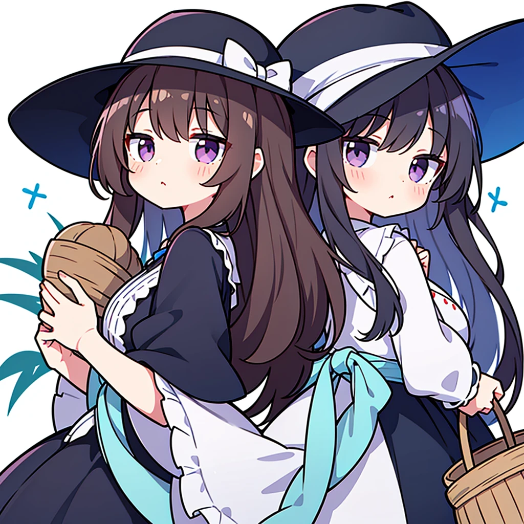 A young girl，Upper Body，sideways，Wear a brown straw hat，Black long curly hair，Look back，Wearing white and blue lolita，Carrying a large bamboo basket，cute，cute，White background，big purple eyes，Holding red and blue game consoles in both hands