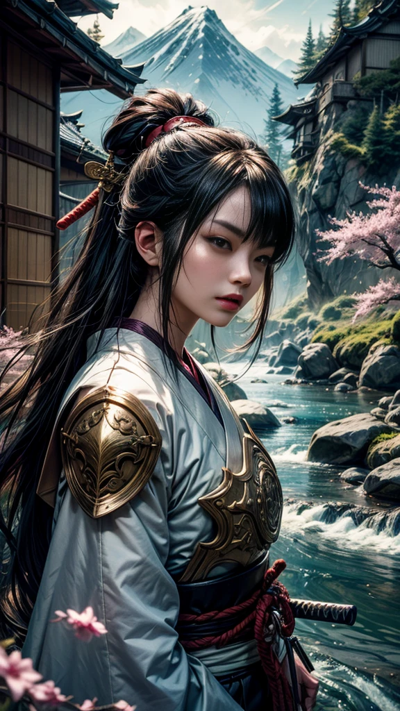 1 girl, upper body, single focus, enigmatic beauty, Samurai armor, katana in hand, (feudal Japan landscape: 1.4), (code of Bushido whispers: 1.3), enigmatic features, disciplined aura, [depth of field, ambient lighting, cherry blossoms foreground, honorable ambiance], Samurai Spirit, sword echoes, disciplined presence, (rustling wind), (flowing rivers: 1.2), intricate details, enhanced lighting.