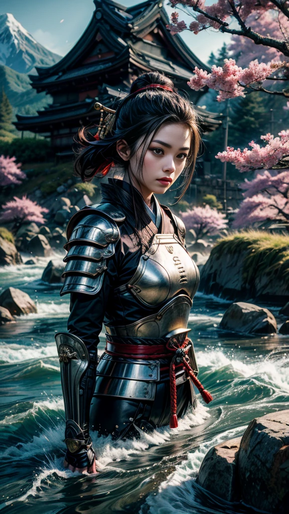 1 girl, upper body, single focus, enigmatic beauty, Samurai armor, katana in hand, (feudal Japan landscape: 1.4), (code of Bushido whispers: 1.3), enigmatic features, disciplined aura, [depth of field, ambient lighting, cherry blossoms foreground, honorable ambiance], Samurai Spirit, sword echoes, disciplined presence, (rustling wind), (flowing rivers: 1.2), intricate details, enhanced lighting.