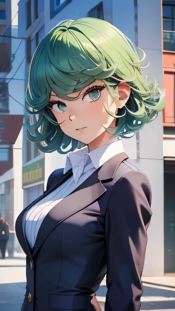 （best qualityer，8K，32k，Masterpiece artwork，hiper HD：1.3），hair green，1 with giant breast，perfect bodies，super detailed face，bust photo，very tiny breasts，Bblack hair，green clothing，close-up of the upper body，Ombro to ombro suit