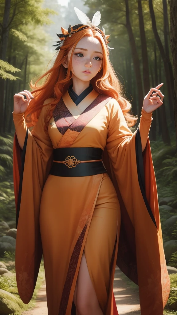 18 years old princess, striking figure, long ginger hair, wavy hairs, fair skin, (freckles), (kolito), innocent and regal appearance, expressive eyes are filled with a mix of curiosity and determination, her slender frame, elegant grace, vibrant orange kimono with white and black decorations, ornata kimono, very long ((sleeves past fingers)), sleeves past wrists, feather headdress, in a forest