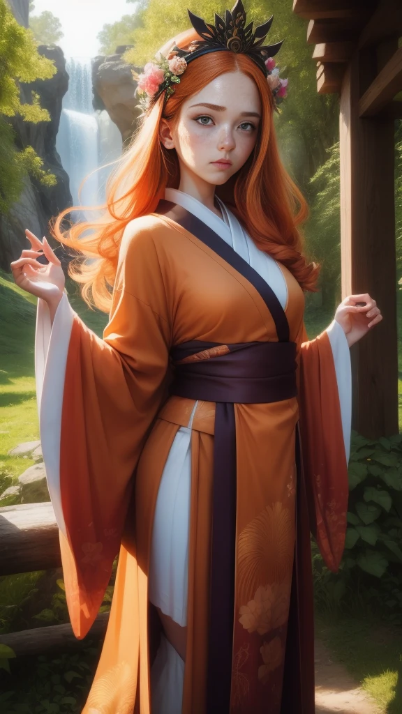 18 years old princess, striking figure, long ginger hair, wavy hairs, fair skin, (freckles), (kolito), innocent and regal appearance, expressive eyes are filled with a mix of curiosity and determination, her slender frame, elegant grace, vibrant orange kimono with white and black decorations, ornata kimono, very long ((sleeves past fingers)), sleeves past wrists, feather headdress, in a forest