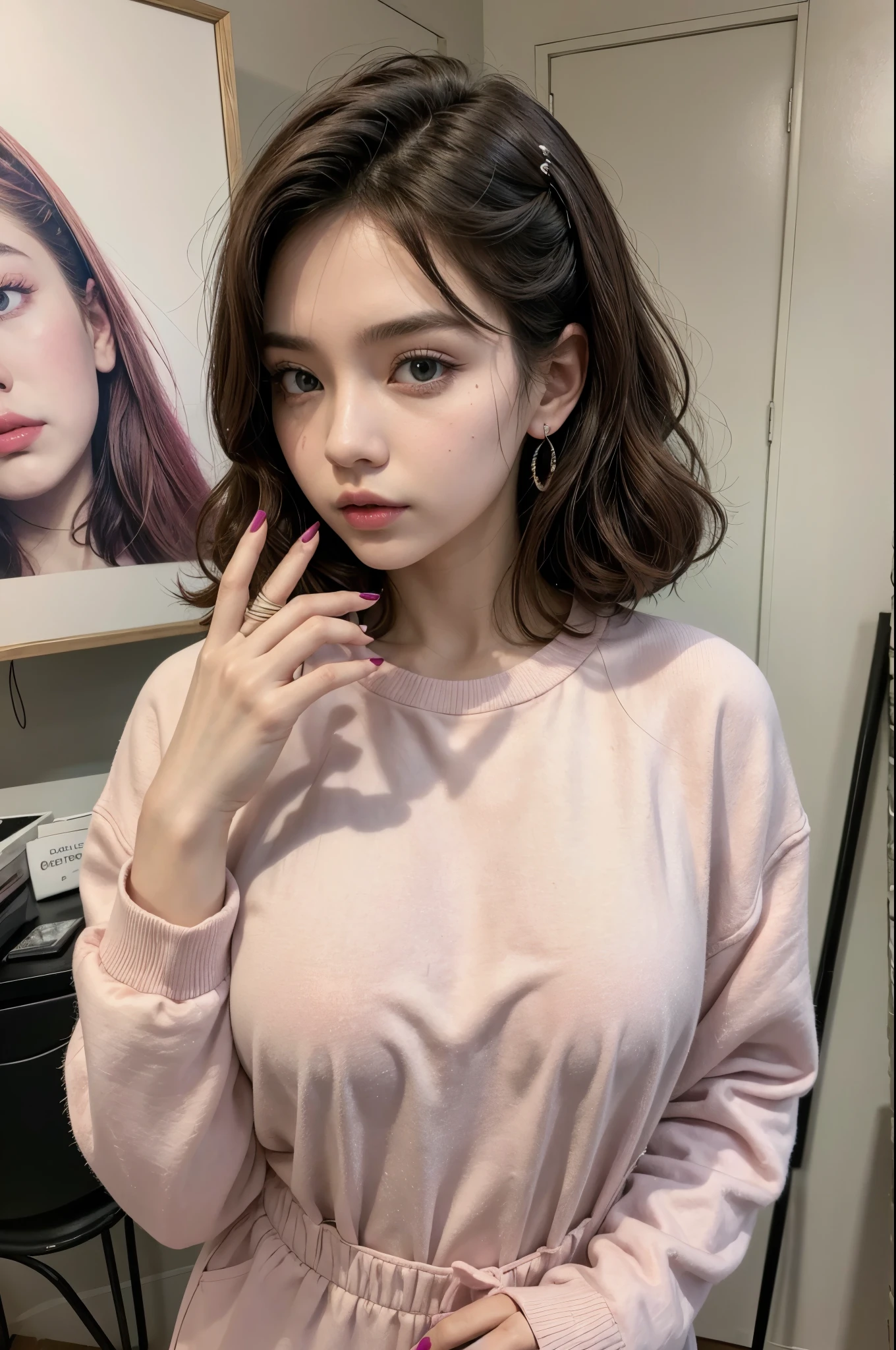 work of art, best qualityer, 1 girl, standing alone, artstyled_pabloromero_ownwaifu, www.ownwaifu.featuring, retro artstyled, 1980s \(styled\),painting-like \(average\), half tone_fund, nails aqua, curly hair, dark brown hair, unhas lilás featuring brilho, breastsout, cellphone, baby pink sweatshirt, aretes, jewerly, lipstick, make up, glaze, phone, pink nails, purple nails, red nails, retro artstyled, smartphone, standing alone, brown eyes INFO

