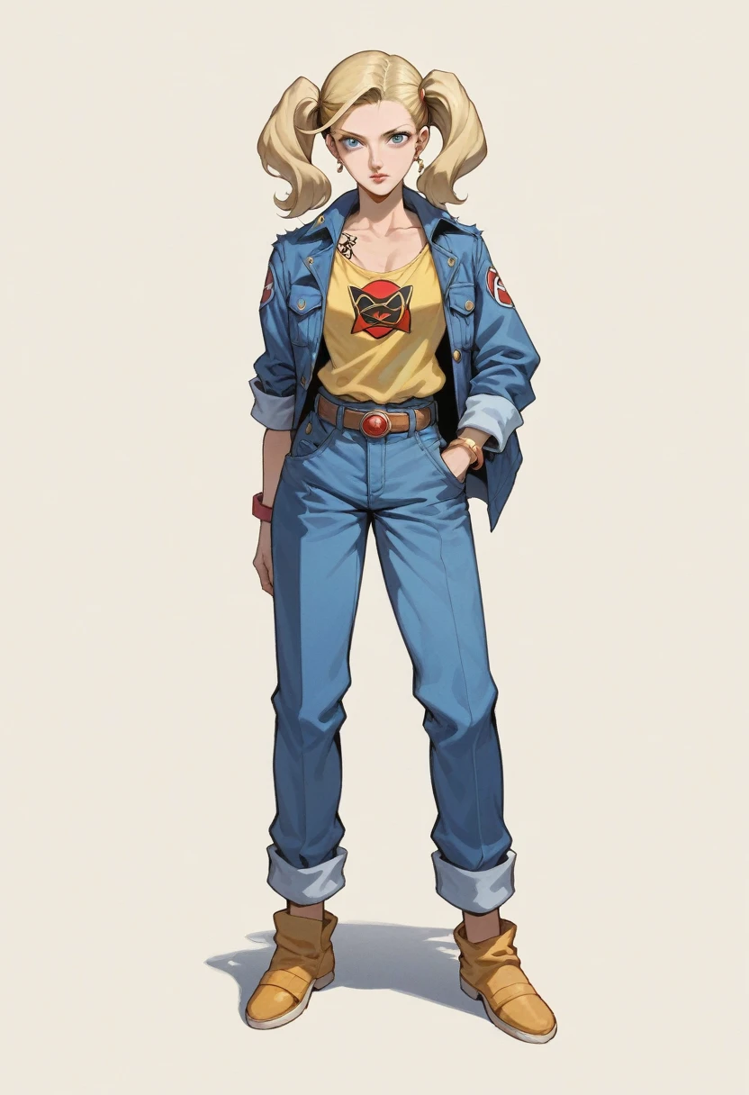 anime girl with a tattoo on her arm and a yellow shirt, misty from pokemon, full body portrait of a short!, faye valentine, anime woman fullbody art, android 18, knights of zodiac girl, faye valentine from cowboy bebop, inked and colored, female protagonist 👀 :8, female anime character, ann takamaki from persona 5, anime style character