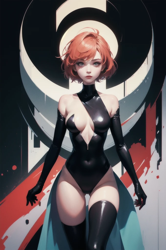 (masterpiece, High resolution, Highest quality), Structure from head to thighs:1.3, Focus on the upper body, 20-year-old woman, A blank look, short hair, Avant-garde makeup, abstract design, artistic juxtapositions, High Contrast, mixed-media approach, Anime Style, Simple lines, Digital Painting,