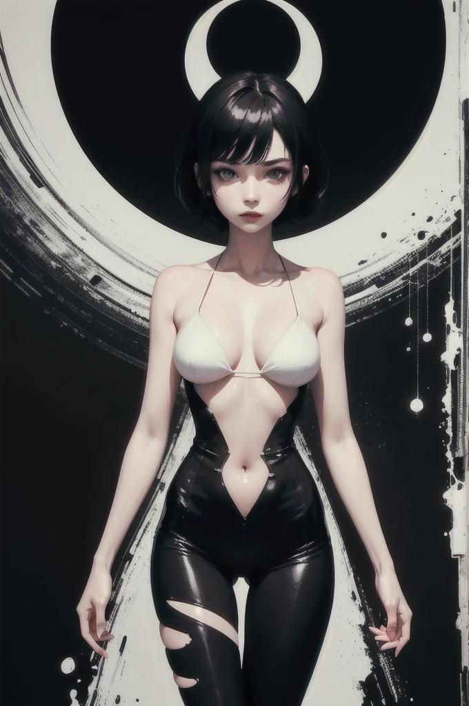 (masterpiece, High resolution, Highest quality), Structure from head to thighs:1.3, Focus on the upper body, 20-year-old woman, A blank look, short hair, Avant-garde makeup, abstract design, artistic juxtapositions, High Contrast, mixed-media approach, Anime Style, Simple lines, Digital Painting,