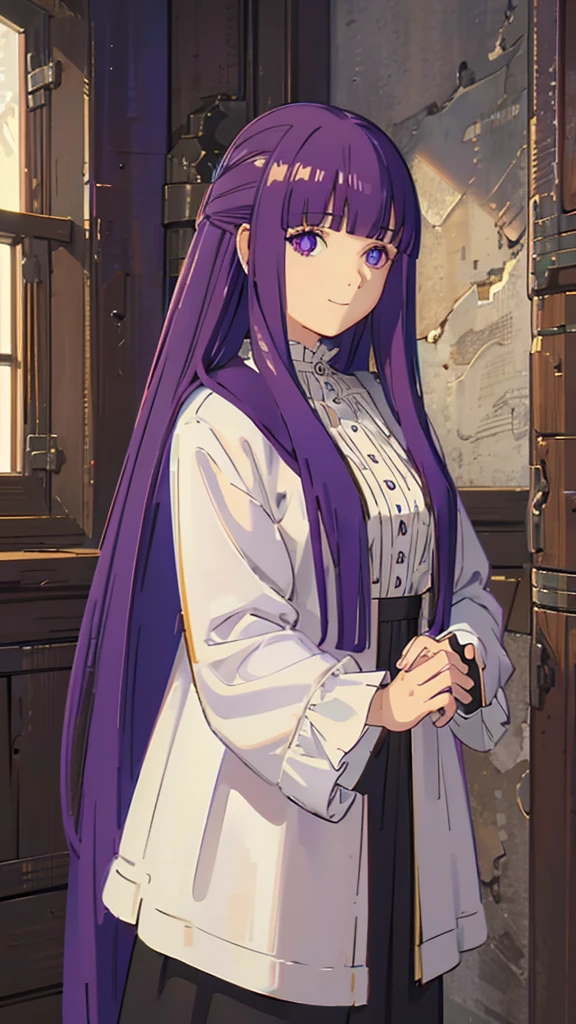 è²ä¼¦,1girl,solo,purple hair,long hair,purple eyes,blunt bangs,sidelocks,half updo,bright pupils, hair ornament,frilled collar,black robe,white dress,center frills,buttons,wide sleeves,long sleeves,curvy,cowboy shot,brown coat,from side,smile,, Exquisite visuals, high-definition,masterpiece,best quality,, 20yo,Young female,Beautiful Finger,Beautiful long legs,Beautiful body,Beautiful Nose,Beautiful character design, perfect eyes, perfect face,expressive eyes, looking at viewer, official art,extremely detailed CG unity 8k wallpaper, perfect lighting,Colorful, Bright_Front_face_Lighting,shiny skin, (masterpiece:1.0),(best_quality:1.0), ultra high res,4K,ultra-detailed, photography, 8K, HDR, highres, absurdres:1.2, Kodak portra 400, film grain, blurry background, bokeh:1.2, lens flare, (vibrant_color:1.2), (beautiful_face:1.5),(narrow_waist), 