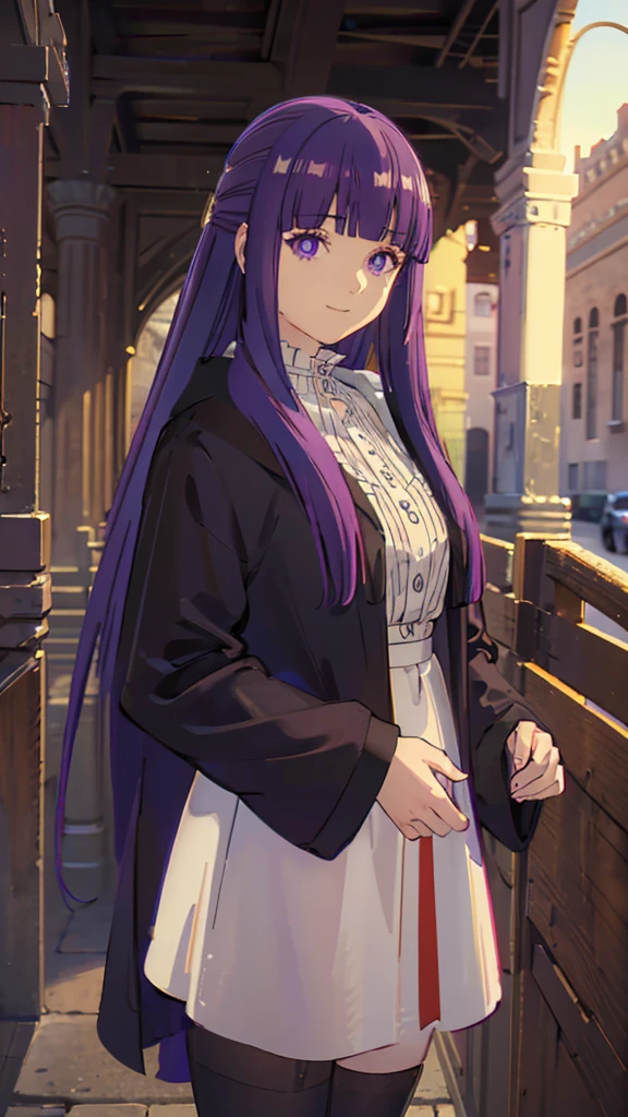 è²ä¼¦,1girl,solo,purple hair,long hair,purple eyes,blunt bangs,sidelocks,half updo,bright pupils, hair ornament,frilled collar,black robe,white dress,center frills,buttons,wide sleeves,long sleeves,curvy,cowboy shot,brown coat,from side,smile,, Exquisite visuals, high-definition,masterpiece,best quality,, 20yo,Young female,Beautiful Finger,Beautiful long legs,Beautiful body,Beautiful Nose,Beautiful character design, perfect eyes, perfect face,expressive eyes, looking at viewer, official art,extremely detailed CG unity 8k wallpaper, perfect lighting,Colorful, Bright_Front_face_Lighting,shiny skin, (masterpiece:1.0),(best_quality:1.0), ultra high res,4K,ultra-detailed, photography, 8K, HDR, highres, absurdres:1.2, Kodak portra 400, film grain, blurry background, bokeh:1.2, lens flare, (vibrant_color:1.2), (beautiful_face:1.5),(narrow_waist), 