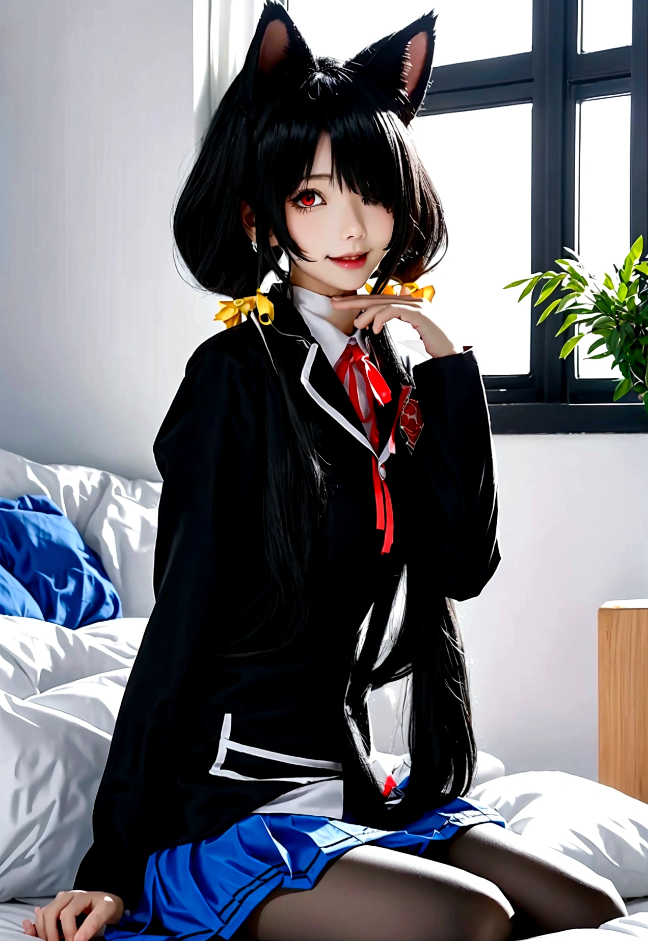 ultra-detailed,highly detailed,best quality,masterpiece,illustration, 
The image is another digital artwork of an anime-style girl. She has twin ponytails and heterochromatic eyes, with one red and one yellow. She is wearing a black hoodie with cat ears and a white dress or long shirt underneath. The girl has a choker with a bell around her neck and a slightly blushing expression. She is sitting on a bed, with her knees drawn up and hands near her face, giving a shy or bashful appearance. In the background, there is a pillow with a cute, smiling cat face, and a potted plant can be seen near the window. 