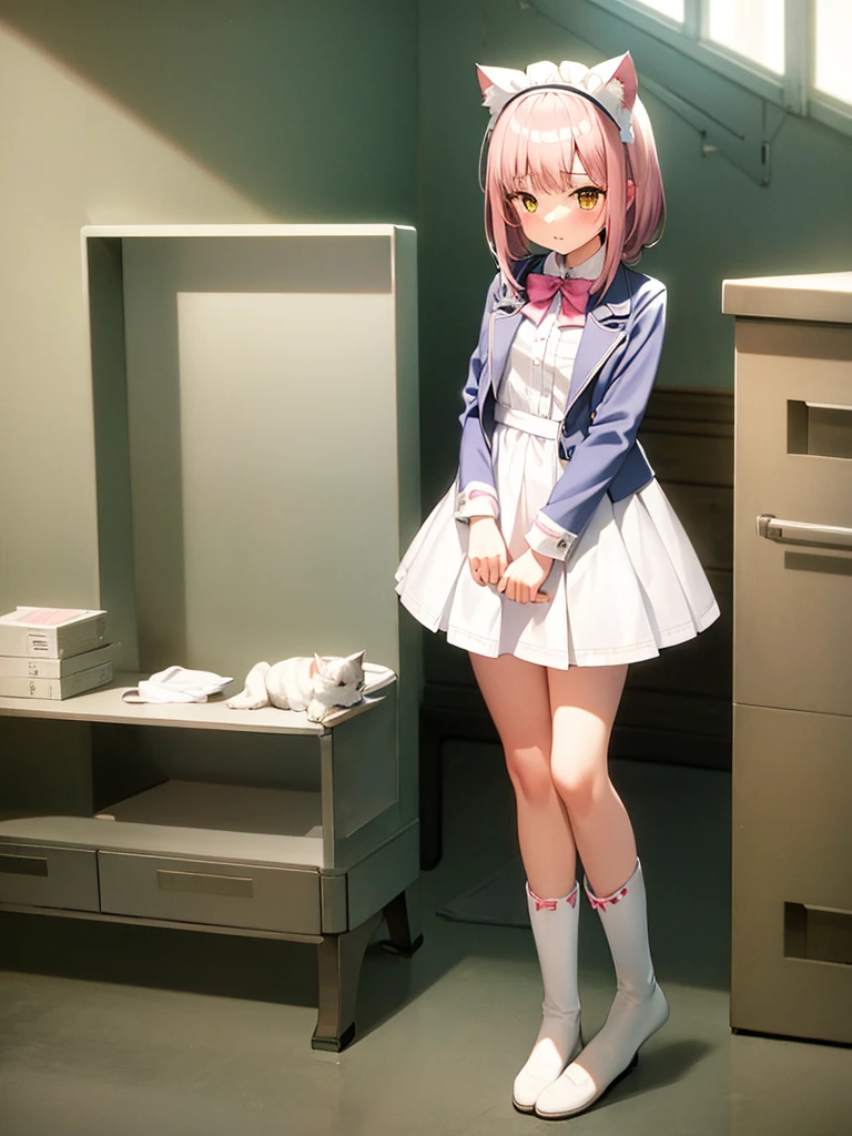 Image of a serious office worker,(((Female singer's costume, skirt))), skindentation, skinny, solo, 1 woman, Masterpiece, highest quality, highest quality, 16K, incredibly absurd, highly detailed, 2.5D, ai-generated, delicate and dynamic, very delicate facial expressions, delicate eye depiction, erotic, only sexy woman, ((A cute and kind face)), healthy figure, ((25-year-old woman)), 160cm tall, medium firm swaying bust, (short hair), (pink hair:1.5), bob cut, black eye, blush, Sweat,Embarrassed,sexy, ((thin thighs)), (camel toe:0.7), (visible nipples:0.3), (Erect nipples,:0.7), shiny and lustrous, facing straight at viewer, (((in heat))), ((Oily_skin)), ((dutch angle)), ((erotic pose)),(The background was inspired by the image of "Do the right thing."),