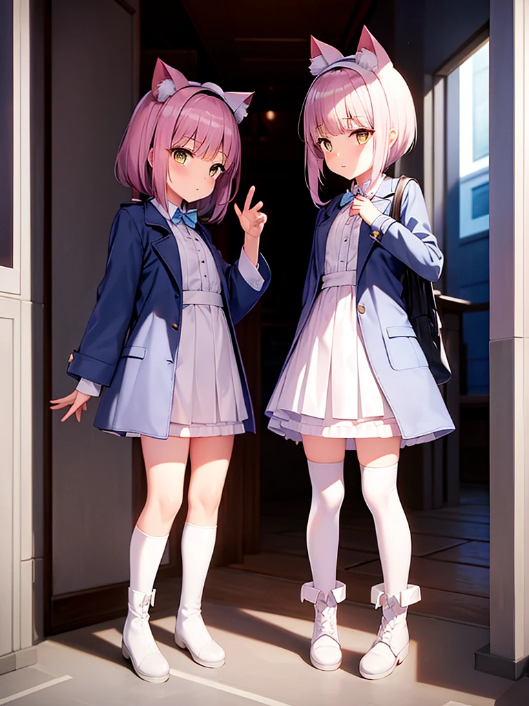 White silk knee socks,Short skirt,Boots,Lining,coat,White头发,Cat girl,,small headdress,White,light blue,Light pink,Standing