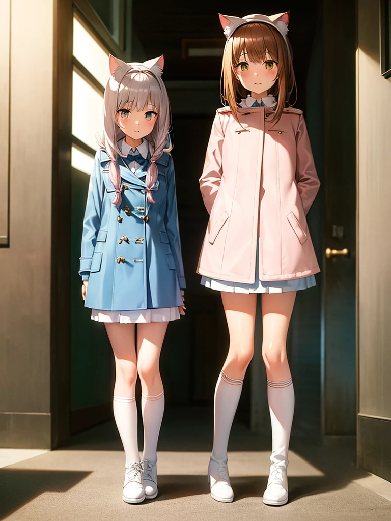 White silk knee socks，Short skirt，Boots，Lining，coat，White头发，Cat girl，Loli，small headdress，White，light blue，Light pink，Standing