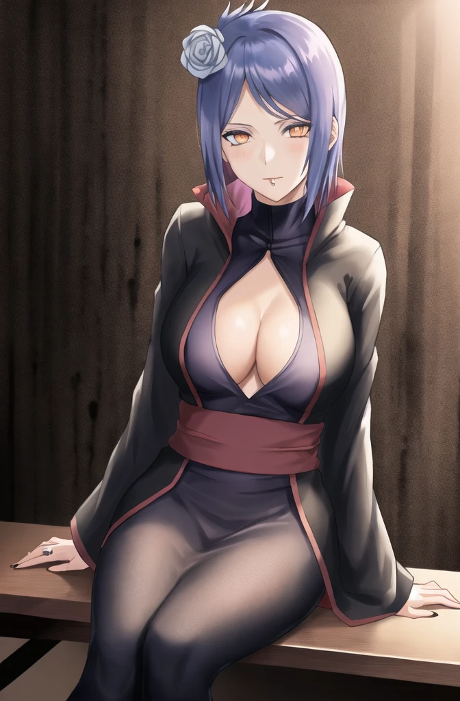 konan \(naruto\), solo, looking_at_viewer, 1girl, closed_mouth, akatsuki outfit, labret piercing, looking at the viewer, robe unbuttoned, cleavage, (((sitting on the table inside dark room))), night time, busty, large breasts