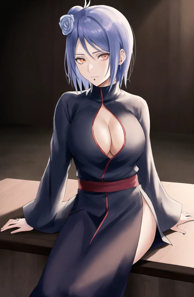 konan \(naruto\), solo, looking_at_viewer, 1girl, closed_mouth, akatsuki outfit, labret piercing, looking at the viewer, robe unbuttoned, cleavage, (((sitting on the table inside dark room))), night time, busty, large breasts