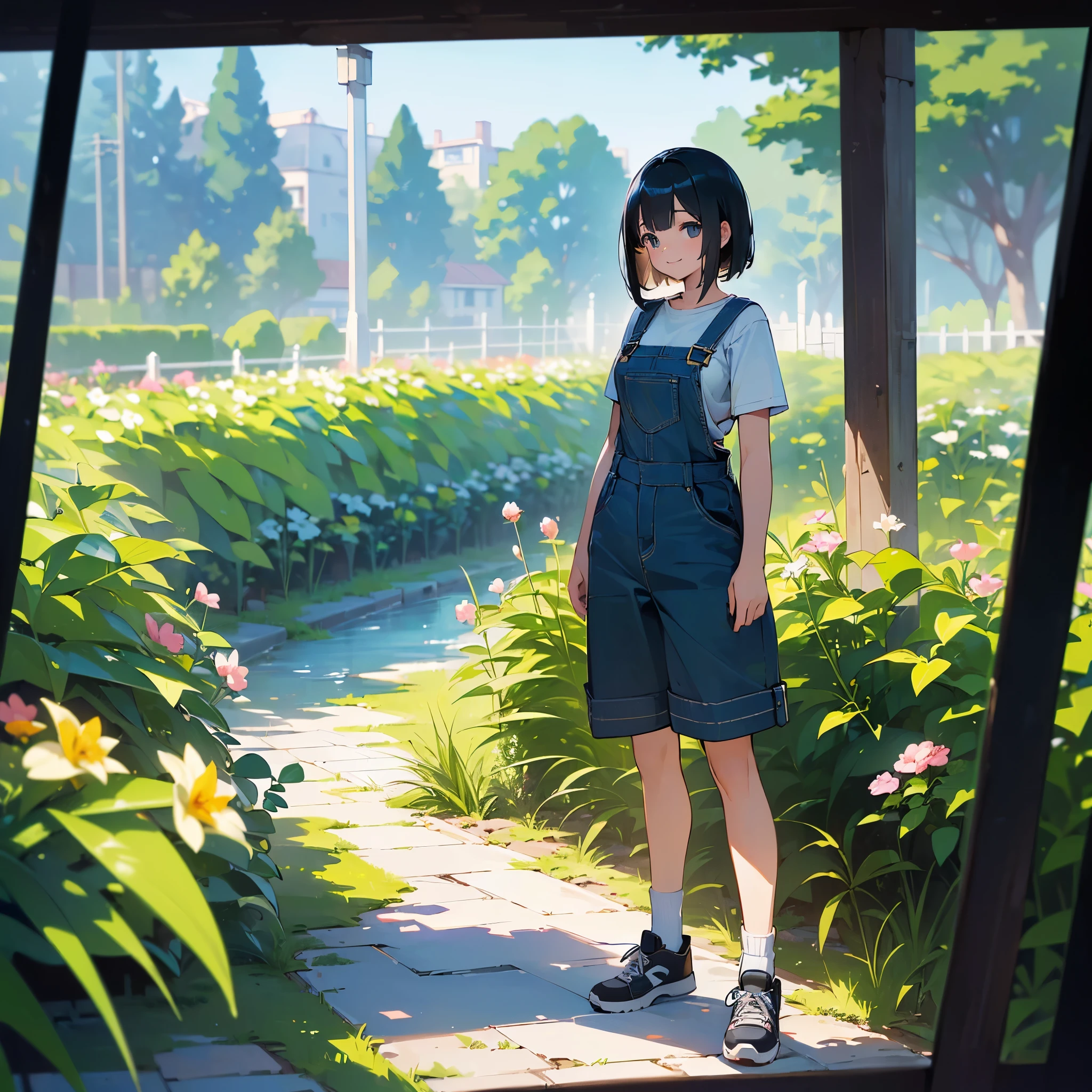 (high quality, High resolution, Very detailed, reality:1.37), Peaceful atmosphere, (Outdoor, garden), Teenage girl standing alone, (my breasts are big.), Beautiful details, Cute Smile, (Black bob hair), Short sleeve shirt, Overalls, Blue socks, sneakers.