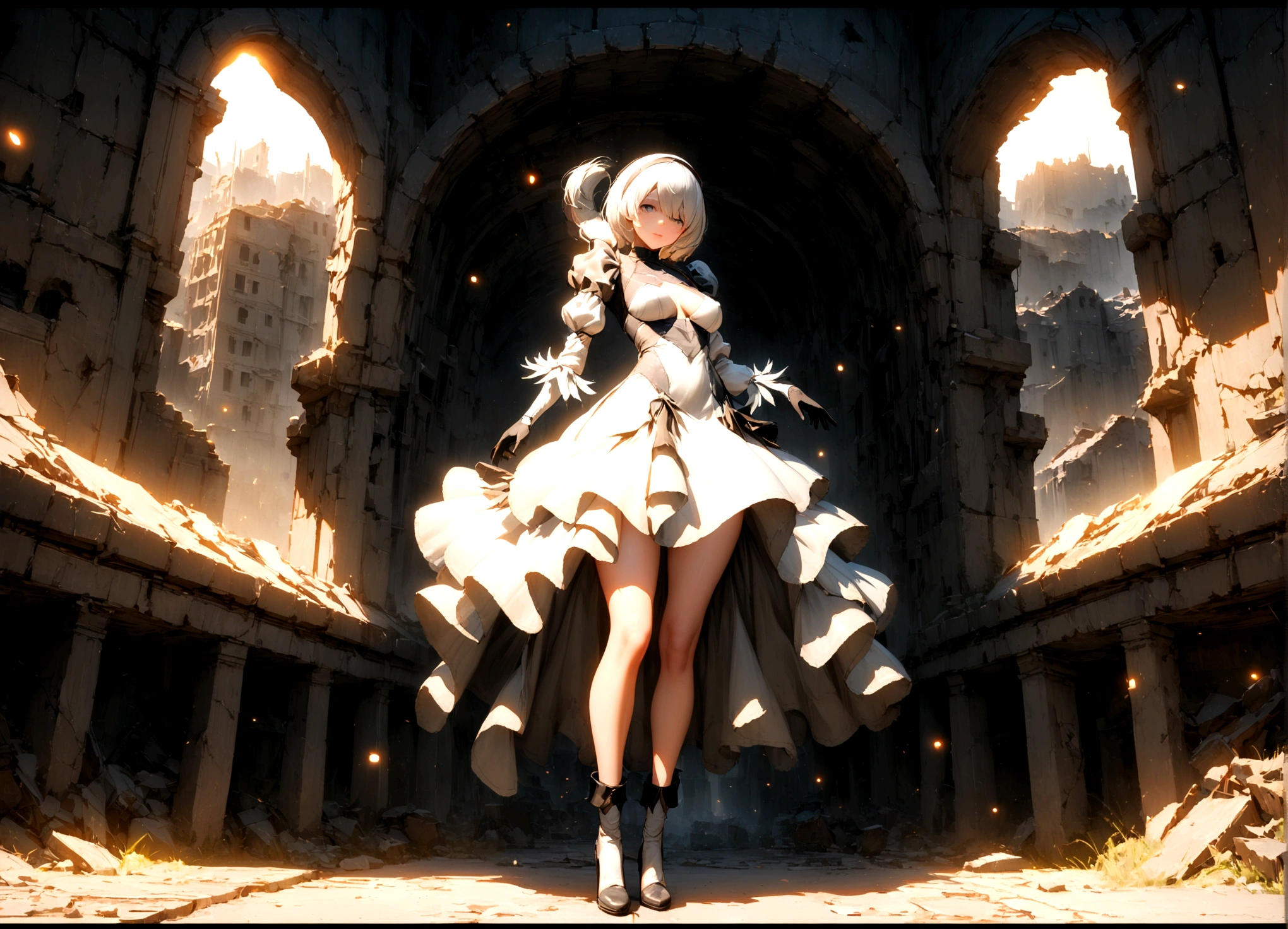 ((best qualityer)), ((work of art)), (very detailled:1.3), 2B in the ruins of a city in the forgotten war, Ancient Technology, Nier-Automata, standing, fully body, legs slightly open, arms half raised, photographic essay, facefocus, Looking at the sky, hdr (high-range dynamics), ray tracing, nvidia RTX, super resolution, Irreal 5, underground dispersal, PBR Texture, Post-processing, Anisotropic filtering, Depth of field, Maximum sharpness and sharpness, multi-layered texture, albedo and highlight maps, Surface shading, Accurate simulation of interactions between light materials, perfect proportions, octane rendering, duotone lighting, Low ISO, White balance, rule of thirds, large aperture, 8K CRU, efficient sub-pixels, subpixel convolution, Luminescent particles, light scattering, Tyndall effect