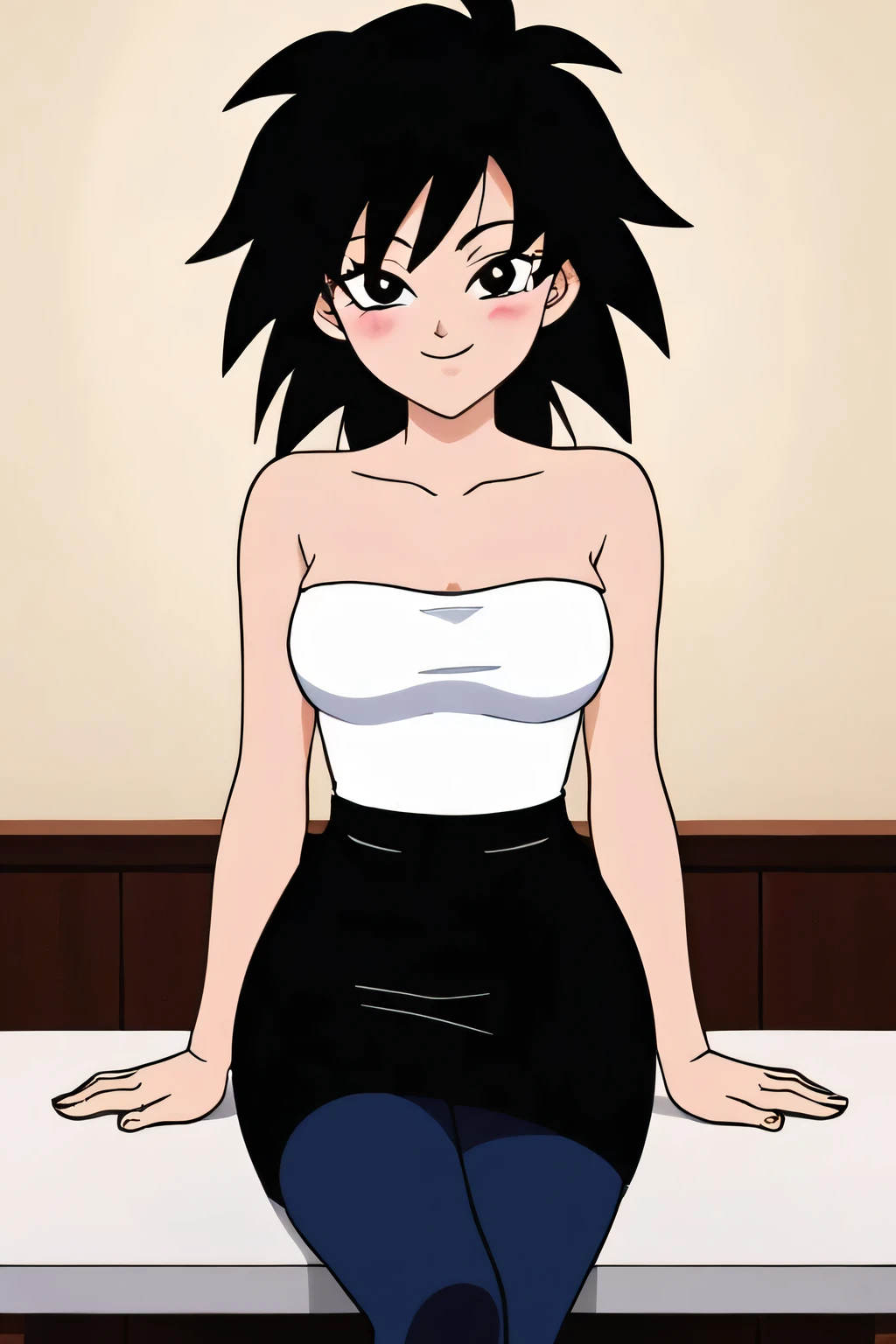 source_anime, score_9,score_8_up, score_7_up, ginedb, anime screencap, 1girl, solo, looking at viewer, smile, medium breasts, black hair, bare shoulders, medium breasts, smile, standing, cowboy shot, medium hair, black eyes, spiked hair, eyelashes, masterpiece, best quality, very aesthetic, absurdres, looking at viewer, sitting on that table, being sensual, blush, smile, strapless white shirt, black pencil skirt, with many candles lights burning, legs crossed, indoor, perfect quality,
