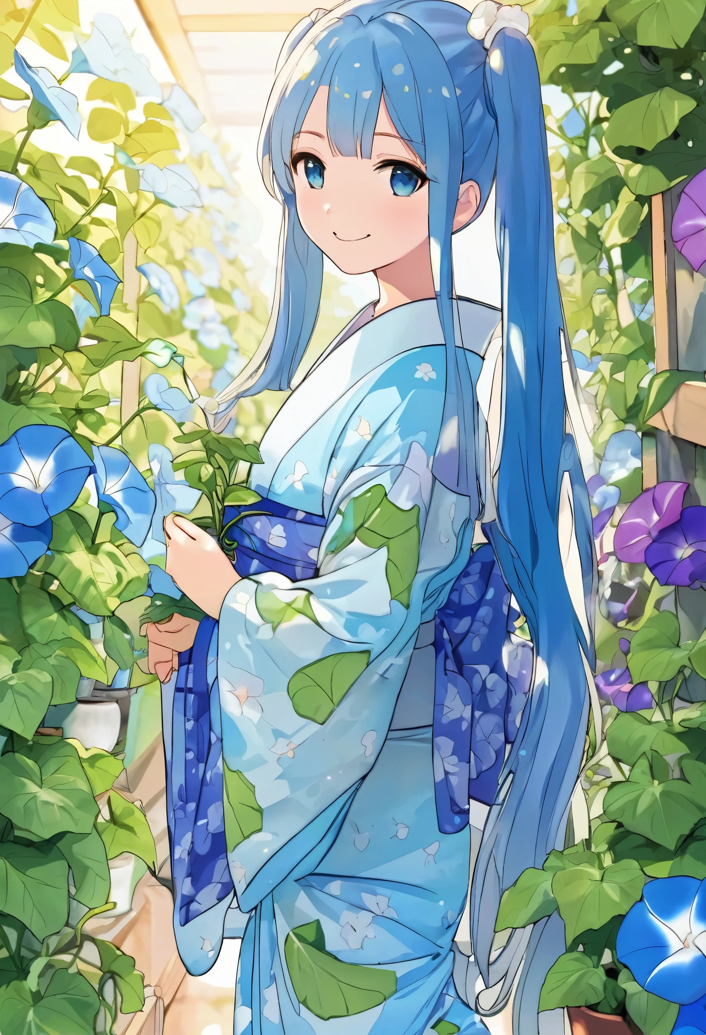Light blue long hair beautiful girl with twin tails Morning glory market Summer sky Summer sunshine Morning glory market Beautiful girl in yukata Many potted morning glories are lined up Bright smile