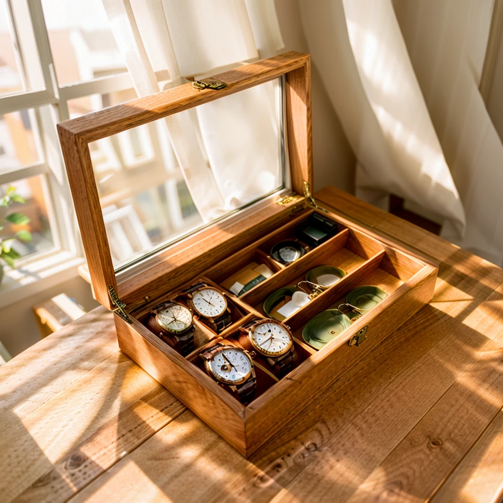 In this cozy room，A ray of sunlight shone through the half-drawn curtains on the table，Let the wood grain on the watch storage box shine with a faint luster。There was a calm and peaceful atmosphere in the air around them。There are several still lifes hanging on the walls of the room，It adds a touch of elegance to the space。And on the other side of the room，The half-open window lets in the breeze，The pages on the small desk by the window turned in the wind，This quiet scene gives a sense of tranquility and comfort。
