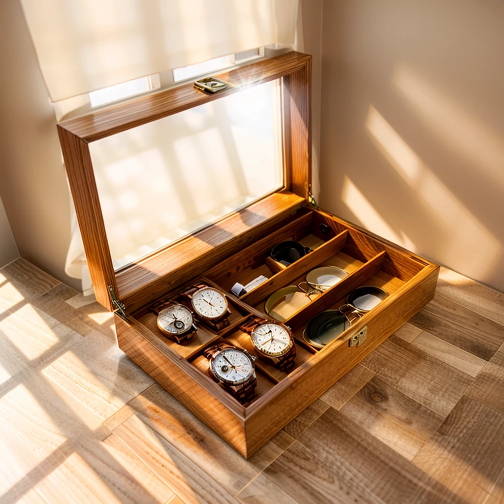 In this cozy room,A ray of sunlight shone through the half-drawn curtains on the table,Let the wood grain on the watch storage box shine with a faint luster。There was a calm and peaceful atmosphere in the air around them。There are several still lifes hanging on the walls of the room,It adds a touch of elegance to the space。And on the other side of the room,The half-open window lets in the breeze,The pages on the small desk by the window turned in the wind,This quiet scene gives a sense of tranquility and comfort。