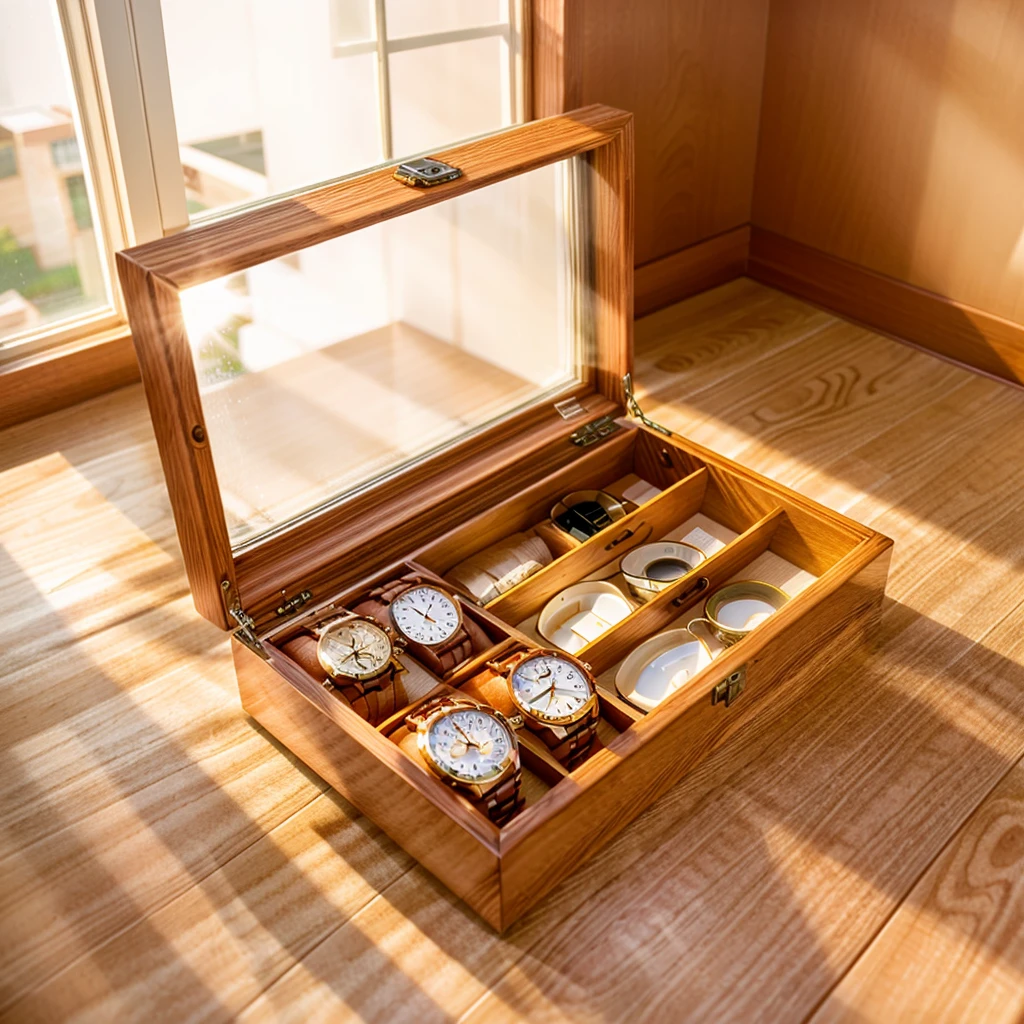 In this cozy room,A ray of sunlight shone through the half-drawn curtains on the table,Let the wood grain on the watch storage box shine with a faint luster。There was a calm and peaceful atmosphere in the air around them。There are several still lifes hanging on the walls of the room,It adds a touch of elegance to the space。And on the other side of the room,The half-open window lets in the breeze,The pages on the small desk by the window turned in the wind,This quiet scene gives a sense of tranquility and comfort。