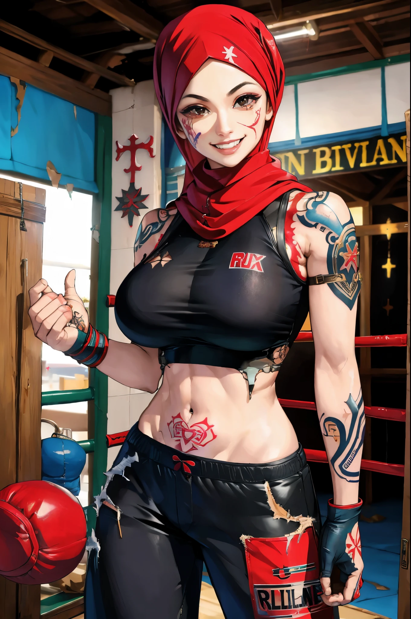 boxing woman,boxing glove,((Religious tattoos:1.3)),(confident smile),strong gaze,looking at viewer,perfect face,gigantic breasts,soldier vest,black pants,((damaged clothes:1.4)), ((fighting stance:1.2)),silk hijab