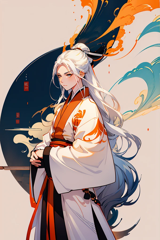 high quality , one white hair girl and one white hair boy, long hair, wuxia character, ((white clothes with blue and orange accent)), ink painting background, flat background, minimalist background, chinese wind pattern background,