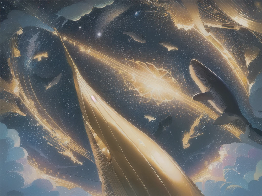 there are ((two golden song whales)) flying over a forest, glimmering golden whales, sky whales, golden particles in the starry night, under a sea of stars, brilliant vibrant colors, high quality illustration, by Gustav Klimt