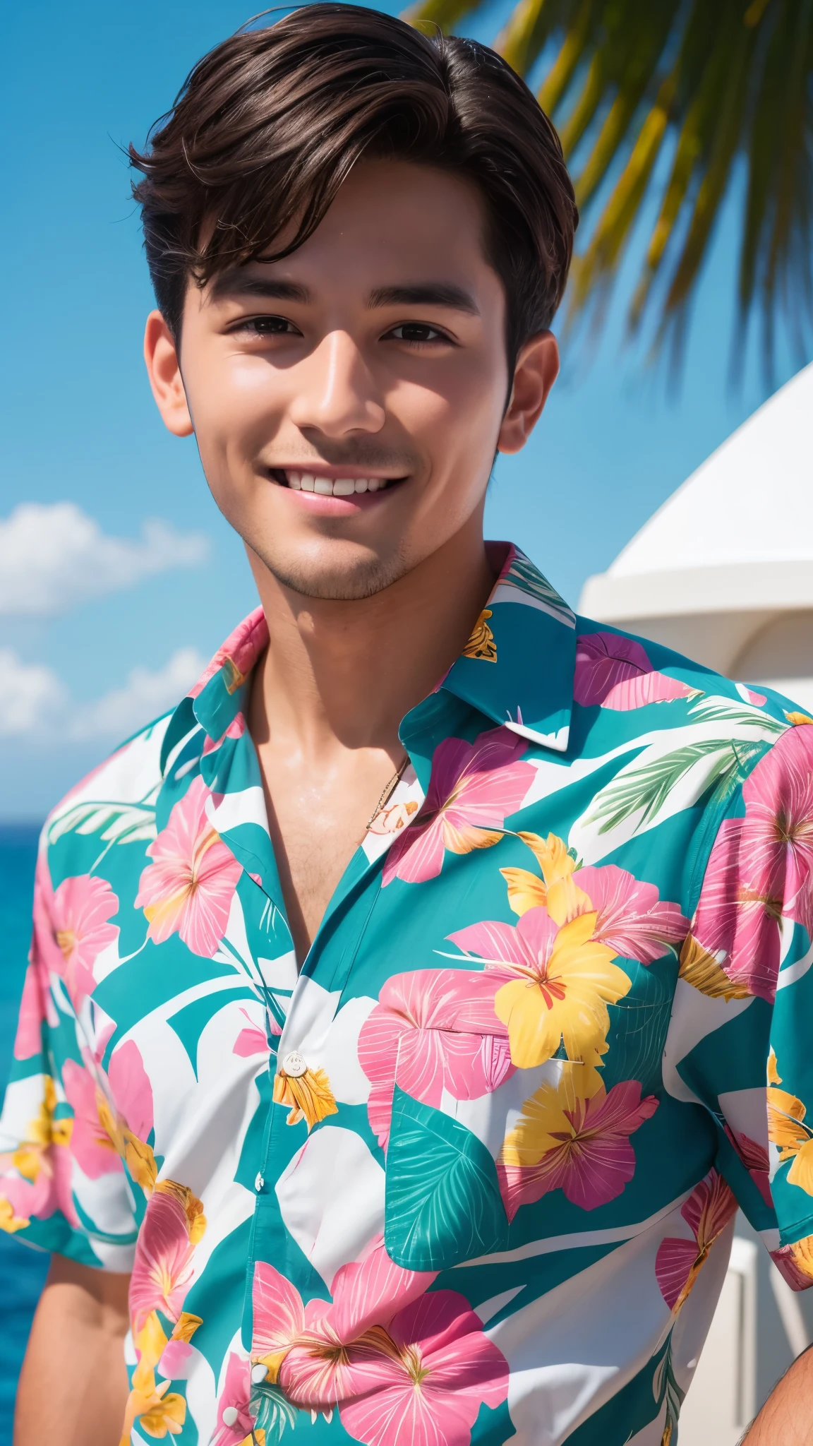 Male short hair, born, Ultra-high resolution, 8K, looking at the camera, On a yacht at sea, Vacation Photos, Paradise Island, Colorful Hawaiian button-up shirts, Frank, amateur, Natural light, A perfect day, [smile]