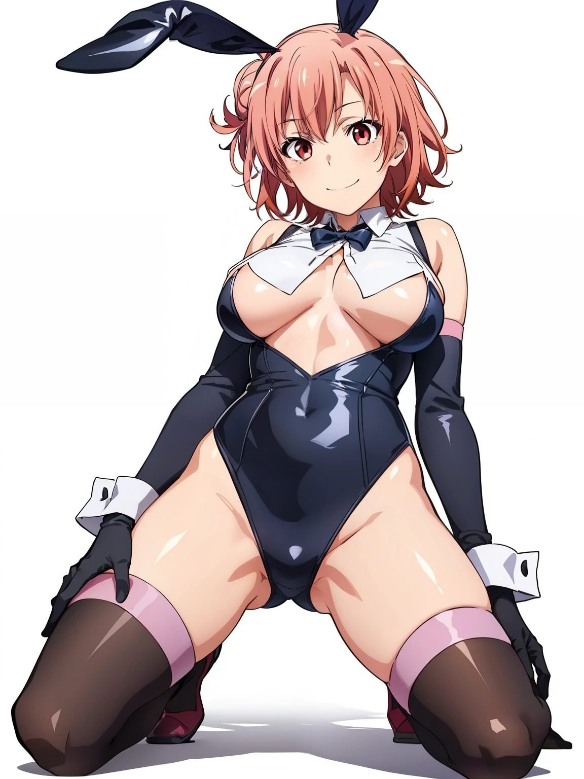 ((masutepiece, Best Quality, hight resolution, nffsw, Perfect Pixel, depth of fields, 4K, )), 1girl in, Solo, , Beautiful anime girl, Beautiful Art Style, close up, Looking at Viewer, Perfect body, Yuigahama Yui, Short hair, pink hair, hairbun, (large boob), black playboy bunny outfit, gloves, smile, hands on hip, blank white background, kneeling