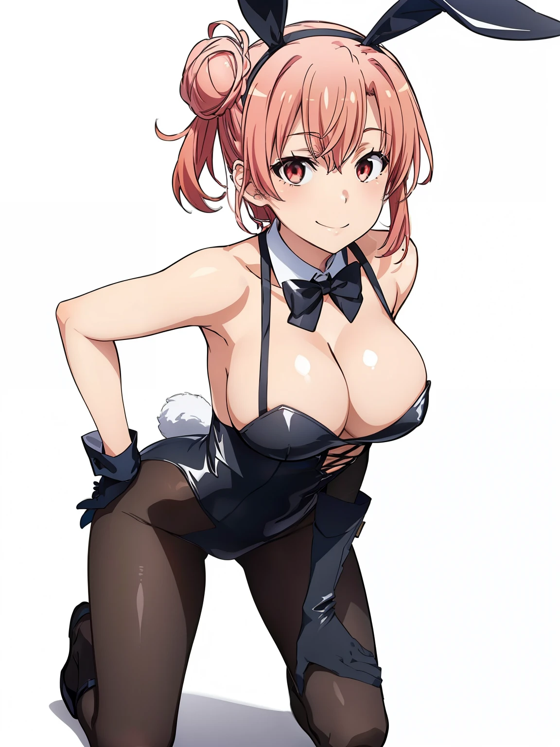 ((masutepiece, Best Quality, hight resolution, nffsw, Perfect Pixel, depth of fields, 4K, )), 1girl in, Solo, , Beautiful anime girl, Beautiful Art Style, close up, Looking at Viewer, Perfect body, Yuigahama Yui, Short hair, pink hair, hairbun, (large boob), black playboy bunny outfit, gloves, smile, hands on hip, blank white background, kneeling