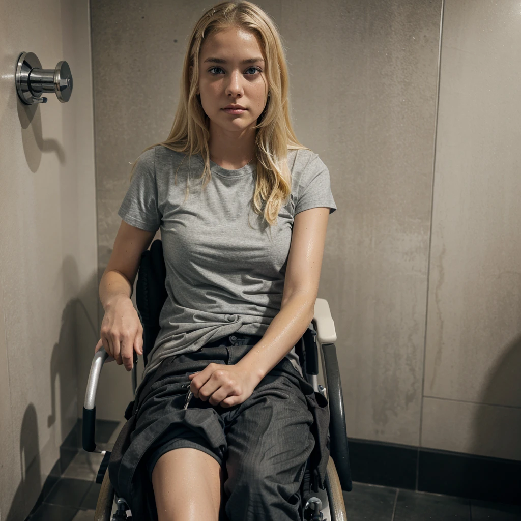 Blonde girl in wheelchair, sad face, gray shirt and wet pants, because he peed, the wheelchair is black, space (bathroom).
