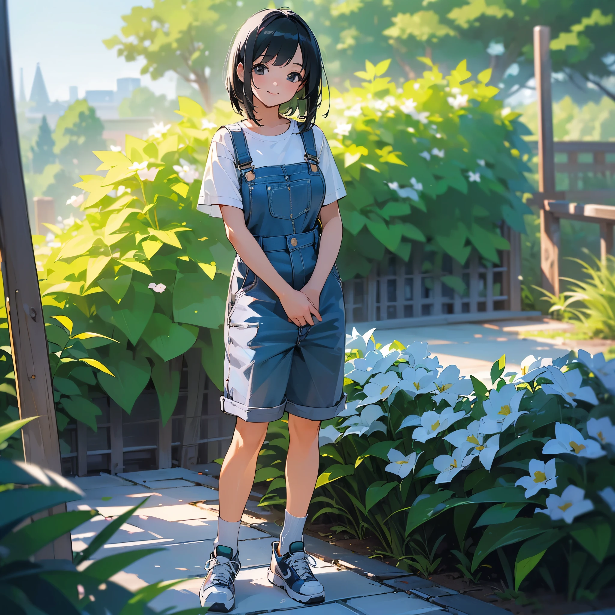 (high quality, High resolution, Very detailed, reality:1.37), Peaceful atmosphere, (Outdoor, garden), girl standing alone, (my breasts are big.), Beautiful details, Cute Smile, (Black bob hair), Short sleeve shirt, Overalls, Blue socks, sneakers.