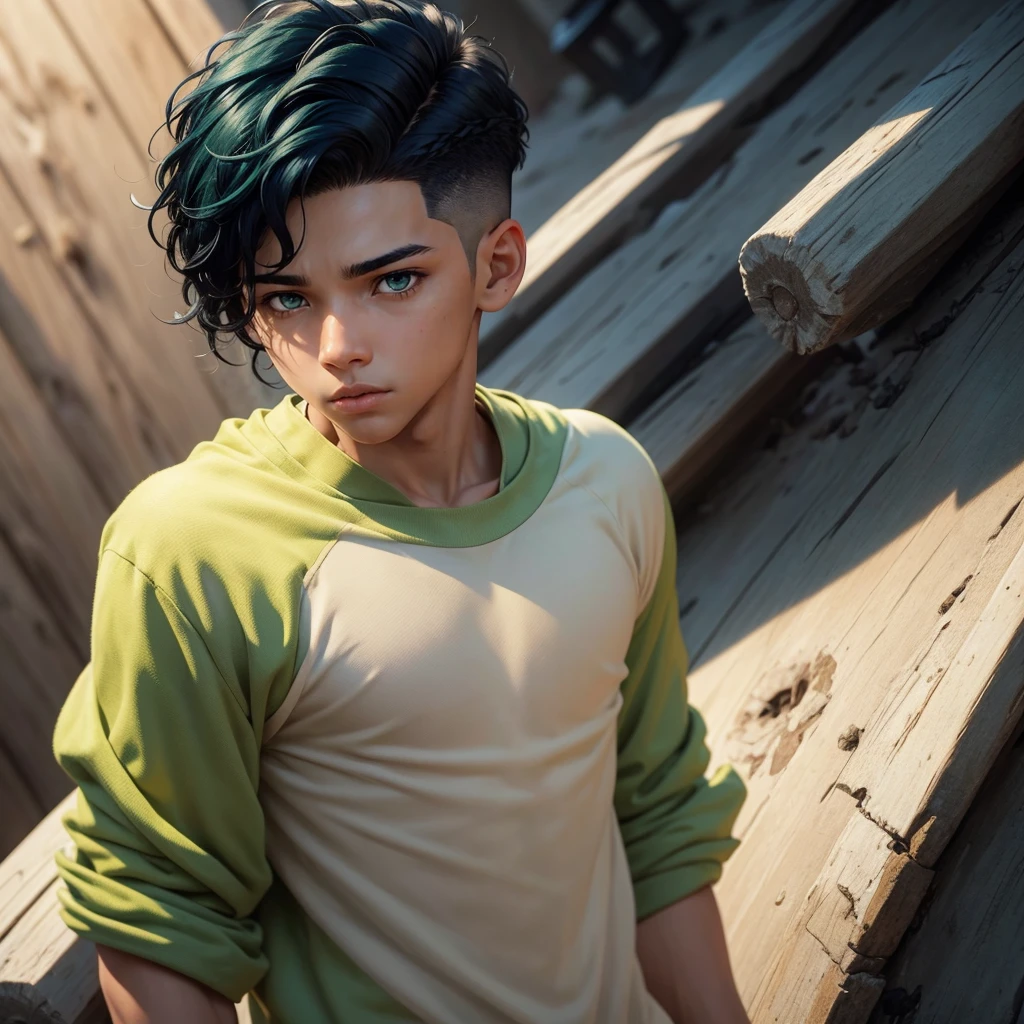 A boy with light skin and average height. His hair is short black on the sides and back, with slightly longer hair on top that is textured. The top part of the hair is cut in a way that creates a natural, tousled textured look. His left eye is light green and his right eye is dark blue.