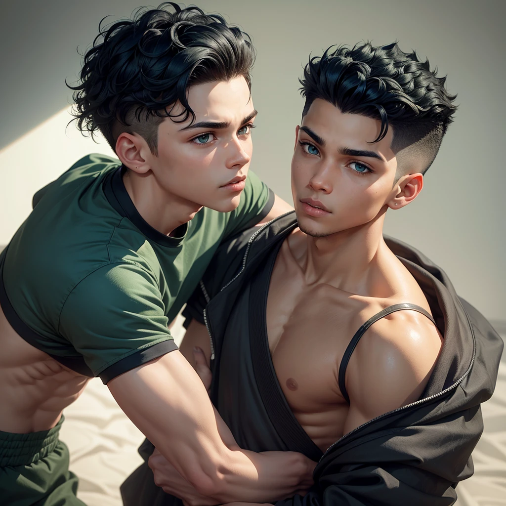A boy with light skin and average height. His hair is short black on the sides and back, with slightly longer hair on top that is textured. The top part of the hair is cut in a way that creates a natural, tousled textured look. His left eye is light green and his right eye is dark blue.