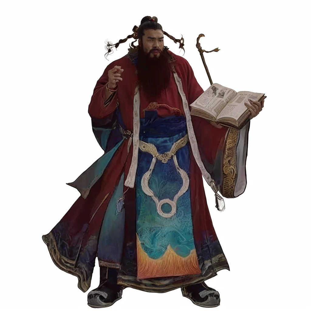 tan skin chinese ancient officer, red wild beard, luxurious red robe, holding a book, a flying Chinese brush,